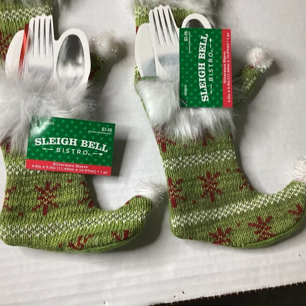 Sleigh Bell Bistro Christmas Knit Silverware Holder Stockings Set of 10 New